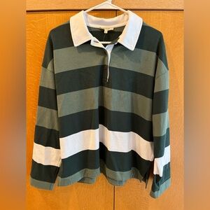 Madewell Green and White Striped Polo